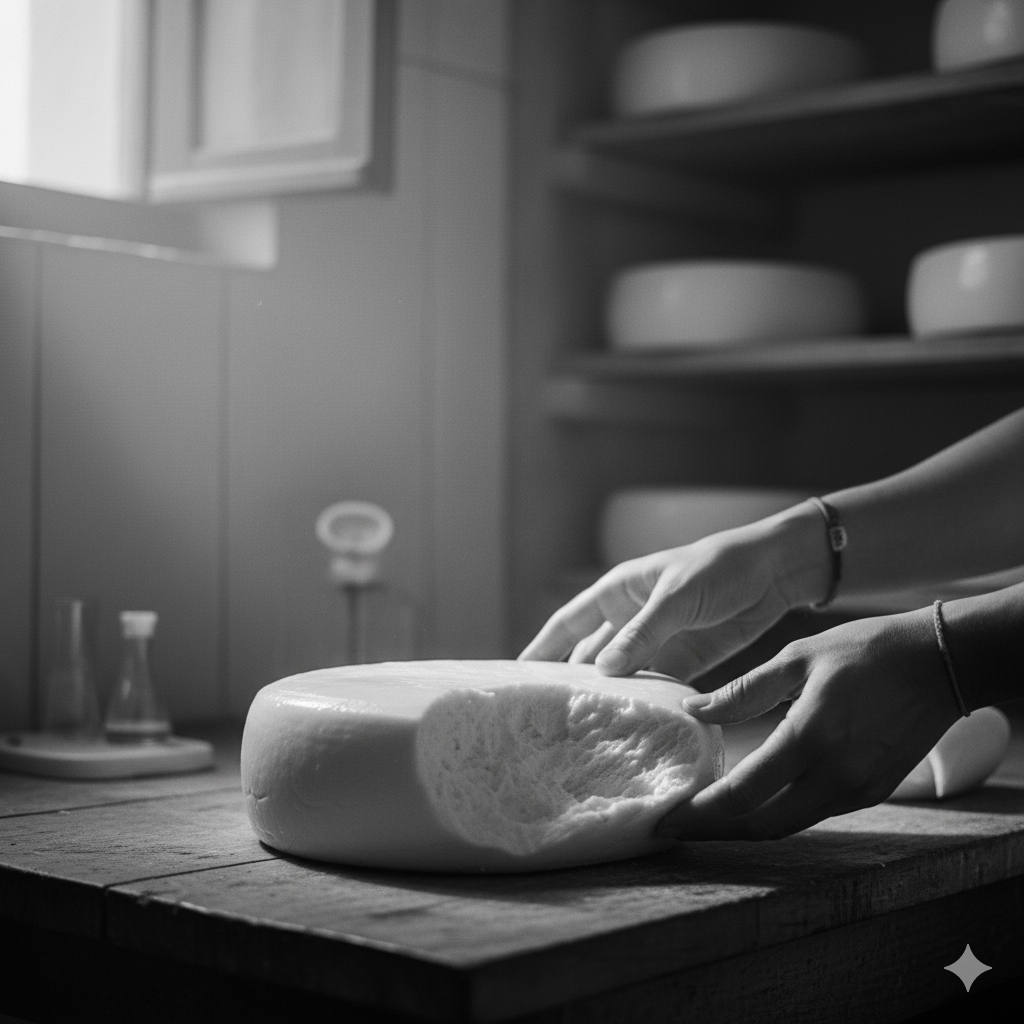 Processo artesanal de produção de queijo de manteiga em preto e branco